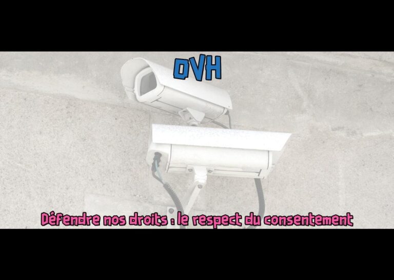 "OVH - défendre nos droits, le respect du consentement" sur une photo de caméras de surveillances